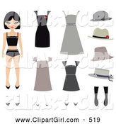 Clip Art of a Pretty Caucasian Girl, a Paper Doll, with Shoes, Hats and Dresses by Melisende Vector