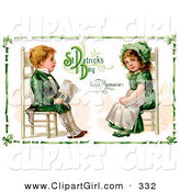 Clip Art of a Pretty Vintage Victorian St Patrick's Day Scene of an Irish Boy and Girl Dressed in Green and Sitting in Chairs Across from Each Other, Circa 1911 by OldPixels