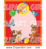 Clip Art of a Red Frame Around a Pink Oval with a Happy Little Girl, Balloon, Butterfly, Bird, Bear, Ball, Cat and Puppy by Alex Bannykh