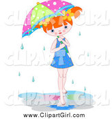 Clip Art of a Red Haired Little Girl in a Puddle Under an Umbrella by Pushkin