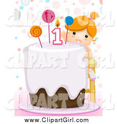 Clip Art of a Red Haired White First Birthday Girl Reaching Towards the Candle on Her Cake by BNP Design Studio