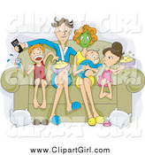 Clip Art of a Relaxed White Family Sitting on a Couch, Eating Popcorn and Watching a Movie on Their Couch by BNP Design Studio