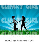 Clip Art of a - Royalty FreeBlack Silhouetted Boy and Girl Holding Hands and Running Through Lush Green Grass with a Bursting Blue Sky Background by KJ Pargeter