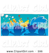 Clip Art of a - Royalty FreeGroup of Blue Silhouetted Children Watching a Movie About a Ship in a Movie Theater by Alex Bannykh