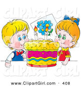 Clip Art of a - Royalty FreeHappy Boy and Girl, Twins, Smiling While Preparing to Blow out Candles on Their Bright, Colorful Birthday Cake by Alex Bannykh