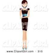 Clip Art of a Sexy, Tall, Brunette White Woman in a Little Black Dress with a Blue Band Around the Waist, Walking Forward in Blue Heels by Melisende Vector
