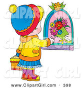 Clip Art of a Shopkeeper Giving Flowers to a Little Girl Carrying a Gift on Mothers Day by Alex Bannykh