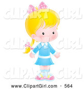 Clip Art of a Shy Blond Caucasian Child Girl in a Blue Dress, Wearing a Pink Bow Atop Her Braid by Alex Bannykh