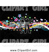 Clip Art of a Silhouetted Couple Dancing over Colorful Waves, Stars, Butterflies and Halftone over Black by KJ Pargeter