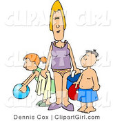 Clip Art of a Single Mother Trying to Have Fun at the Beach with Her Children by Djart