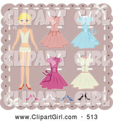 Clip Art of a Skinny Blond Teenage Girl Paper Doll on a Pink Background with Cutout Dresses and Shoes by Melisende Vector