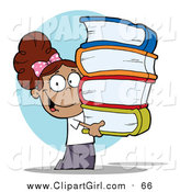 Clip Art of a Smart Hispanic School Girl Carrying a Stack of Books over Blue by Hit Toon