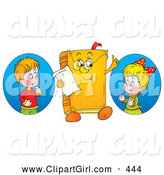 Clip Art of a Smiling Boy and Girl Looking at a Book Character Wearing Glasses by Alex Bannykh