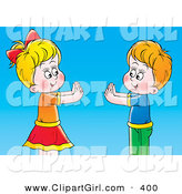 Clip Art of a Smiling Boy and Girl Playing Pat a Cake over a Blue Background by Alex Bannykh
