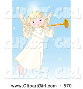 Clip Art of a Smiling Cute, Innocent, Blond Femal Angel with a Halo, Playing a Horn by Pushkin