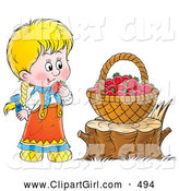 Clip Art of a Smiling Cute Little Blond Girl Snacking on Red Raspberries from a Basket on a Tree Stump by Alex Bannykh
