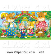 Clip Art of a Smiling Goldilocks Standing Outside a Cabin with TheThree Bears, Mushrooms, Butterflies and Birds by Alex Bannykh