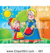 Clip Art of a Smiling Grandmother Greeting Her Grand Daughter Outside on a Sunny Day by Alex Bannykh
