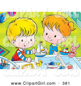Clip Art of a Smiling Happy Boy and Girl Playing with Bath Toys in a Sink by Alex Bannykh