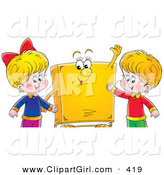 Clip Art of a Smiling Happy Boy and Girl Standing with a Yellow Book Character by Alex Bannykh