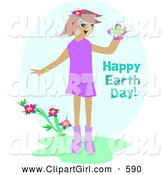 Clip Art of a Smiling Happy Girl Admiring a Butterfly by