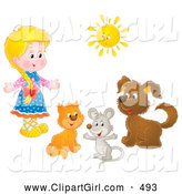 Clip Art of a Smiling Little Blond Girl with a Cat, Mouse and Dog Under a Sun by Alex Bannykh