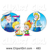 Clip Art of a Smiling Little Boy and Girl Playing with a Boat and Imagining Their Ancestors by Alex Bannykh