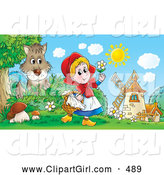 Clip Art of a Smiling Little Red Riding Hood Carrying a Basket and Playing with a Flower near Windmills As a Wolf Watches by Alex Bannykh