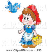 Clip Art of a Smiling Little Red Riding Hood Carrying a Basket of Cookies and Talking to a Blue Bird by Alex Bannykh