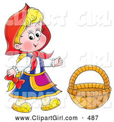 Clip Art of a Smiling Little Red Riding Hood Wearing Her Cape, Standing by a Basket by Alex Bannykh