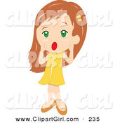 Clip Art of a Surprised Little Girl in a Yellow Dress, Holding Her Hands Around Her Mouth and Shouting by PlatyPlus Art
