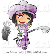 Clip Art of a Sweet and Adorable Short Haired Brunette Girl in a Purple Hat and Dress with a White Daisy Belt, Looking up and Holding a Golf Club by Leo Blanchette