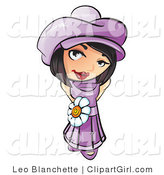Clip Art of a Sweet and Attractive Short Haired Brunette Girl in a Purple Hat and Dress with a White Daisy Belt by Leo Blanchette
