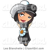 Clip Art of a Sweet and Attractive Short Haired Brunette Woman in a Black Hat and Dress with a White Daisy Belt Around Her Waist by Leo Blanchette