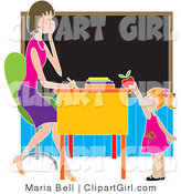Clip Art of a Sweet Red Haired School Girl Teacher's Pet Standing in Front of Her Female Teacher's Desk in a Classroom, Putting a Red Apple on the Desk by Maria Bell