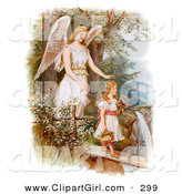 Clip Art of a Sweet Vintage Valentine of a Female Guardian Angel Looking over a Little Girl As She Carries Flowers and a Basket Across a Log over a Cliff and River, Circa 1890 by OldPixels