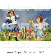Clip Art of a Sweet Vintage Valentine of a Surprised Little Girl Leaning Back While Cupid Kneels Before Her, Offering Her Flowers in a Garden, Circa 1905 by OldPixels
