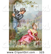 Clip Art of a Sweet Vintage Victorian Scene of a Little Boy Climbing a Tree While Showing off for a Girl As She Picks Flowers in a Garden, Circa 1890 by OldPixels