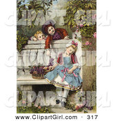 Clip Art of a Sweet Vintage Victorian Scene of Little Boys Flirting and Teasing a Little Girl Asleep on a Garden Bench with a Basket of Fruit, Circa 1850 by OldPixels