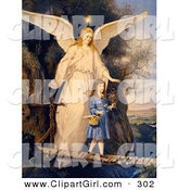 Clip Art of a Touching Vintage Valentine of a Female Guardian Angel Protecting a Little Girl As She Crosses a Gorge on a Narrow Bridge, Carrying a Basket and Flowers, Circa 1890 by OldPixels
