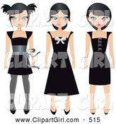 Clip Art of a Trio of Black Haired Teen Girls in Different Styled Black Dresses, on a White Background by Melisende Vector