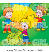Clip Art of a Trio of Happy Children Setting up Their Camp Site by Alex Bannykh