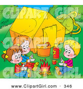 Clip Art of a Trio of Happy Children Warming up by a Campfire near Their Tent by Alex Bannykh