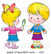 Clip Art of a Two Little Blond Girls in Skirts, One Holding a Hand Mirror by Alex Bannykh