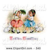 Clip Art of a Two Sisters Walking Their Pet Rabbits on Leashes and Carrying Parasols on Easter by OldPixels