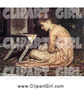 Clip Art of a Vintage Girl Sitting on a Carpet, Reading a Book at a Reading Desk by Frederic Lord Leighton by JVPD