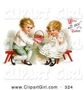Clip Art of a Vintage Victorian Scene of a Sweet Little Blond Boy Sitting on a Red Stool, Holding out a Basket of Candy to a Girl and "With All My Love" Text, by Ellen H. Clapsaddle, Circa 1912 by OldPixels
