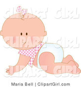 Clip Art of a White Baby Girl in a Pink Checkered Shirt and Bow on Her Hair, Crawling in a Diaper by Maria Bell