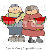 Clip Art of a White Boy or Man Eating a Juicy Red Slice of Watermelon with His Sister, Friend or Wife on a Hot Summer Day by Djart