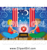 Clip Art of a White Little Boy and Girl Sitting on Pillows Around a Crystal Ball by Cidepix